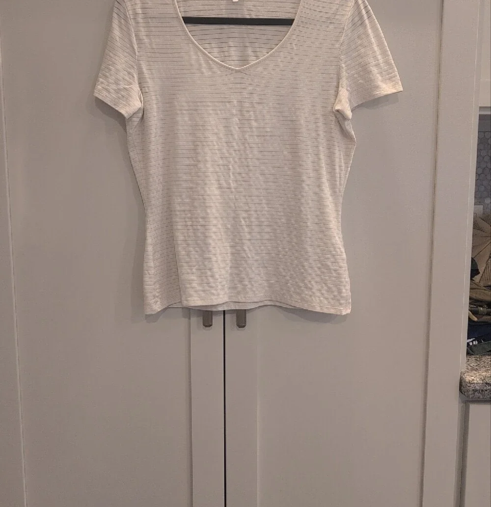 Armani Collezioni White Striped Short-Sleeve Stretchy Scoop Neck Tee Sz 10